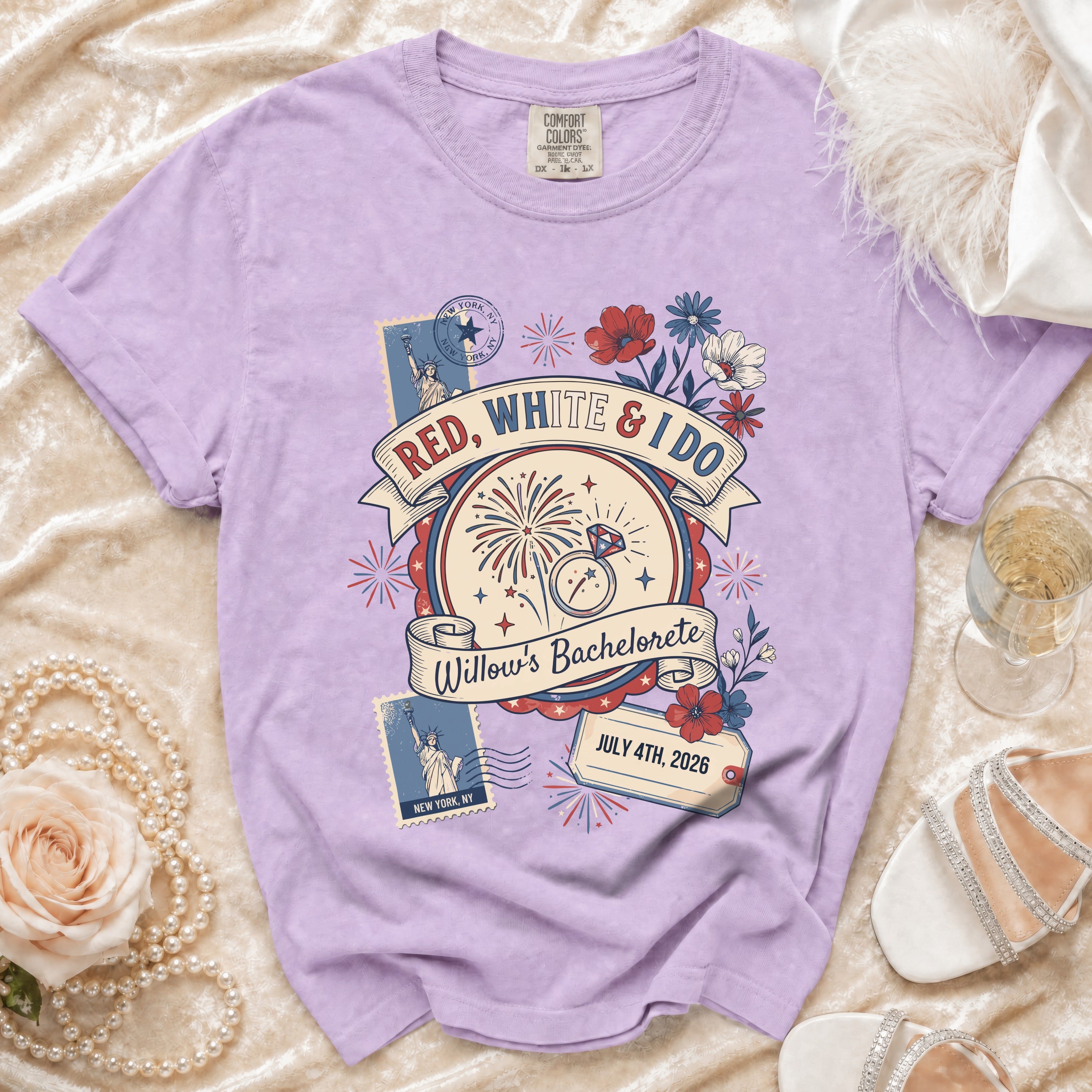 Red, white, and I do bachelorette t-shirt with July 4th theme.