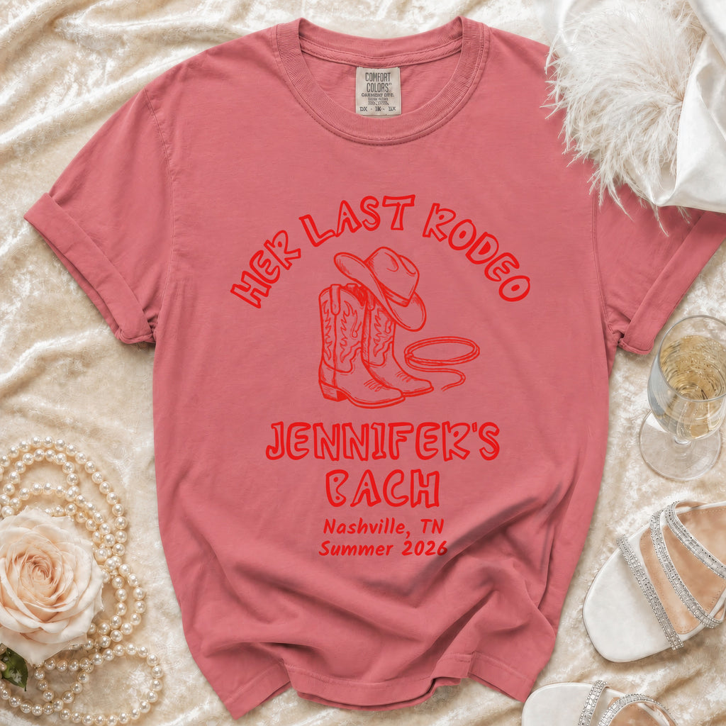 Coral t-shirt with "Her Last Rodeo" and "Jennifer's Bach" Nashville design.