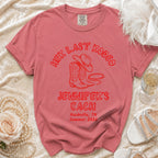 Coral t-shirt with "Her Last Rodeo" and "Jennifer's Bach" Nashville design.