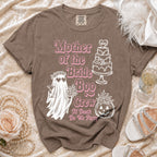 Brown t-shirt with "Mother of the Bride Boo Crew Til Death Do We Party" graphic.