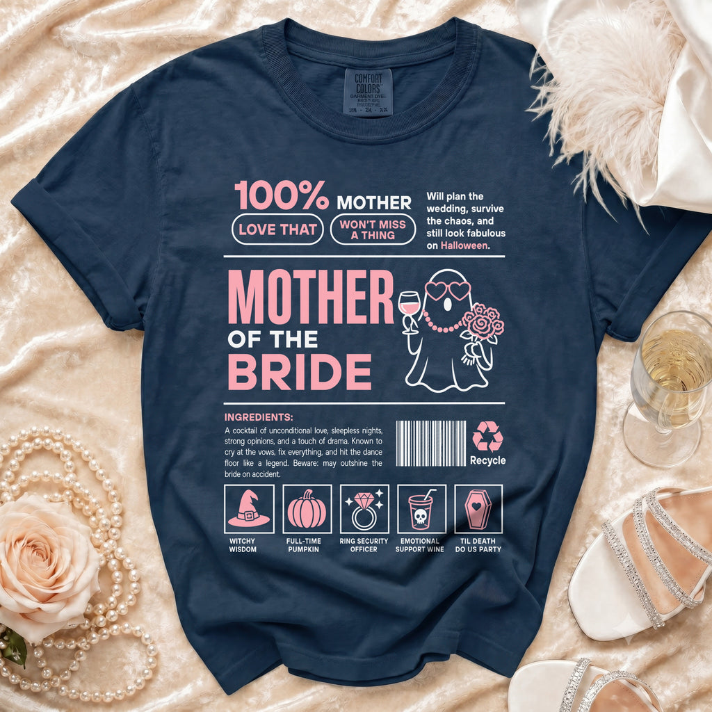 Navy t-shirt with "Mother of the Bride" design, including icons and humorous ingredients.