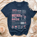 Navy t-shirt with "Mother of the Bride" design, including icons and humorous ingredients.