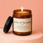 Amber jar candle with "father of the groom" definition and flame.