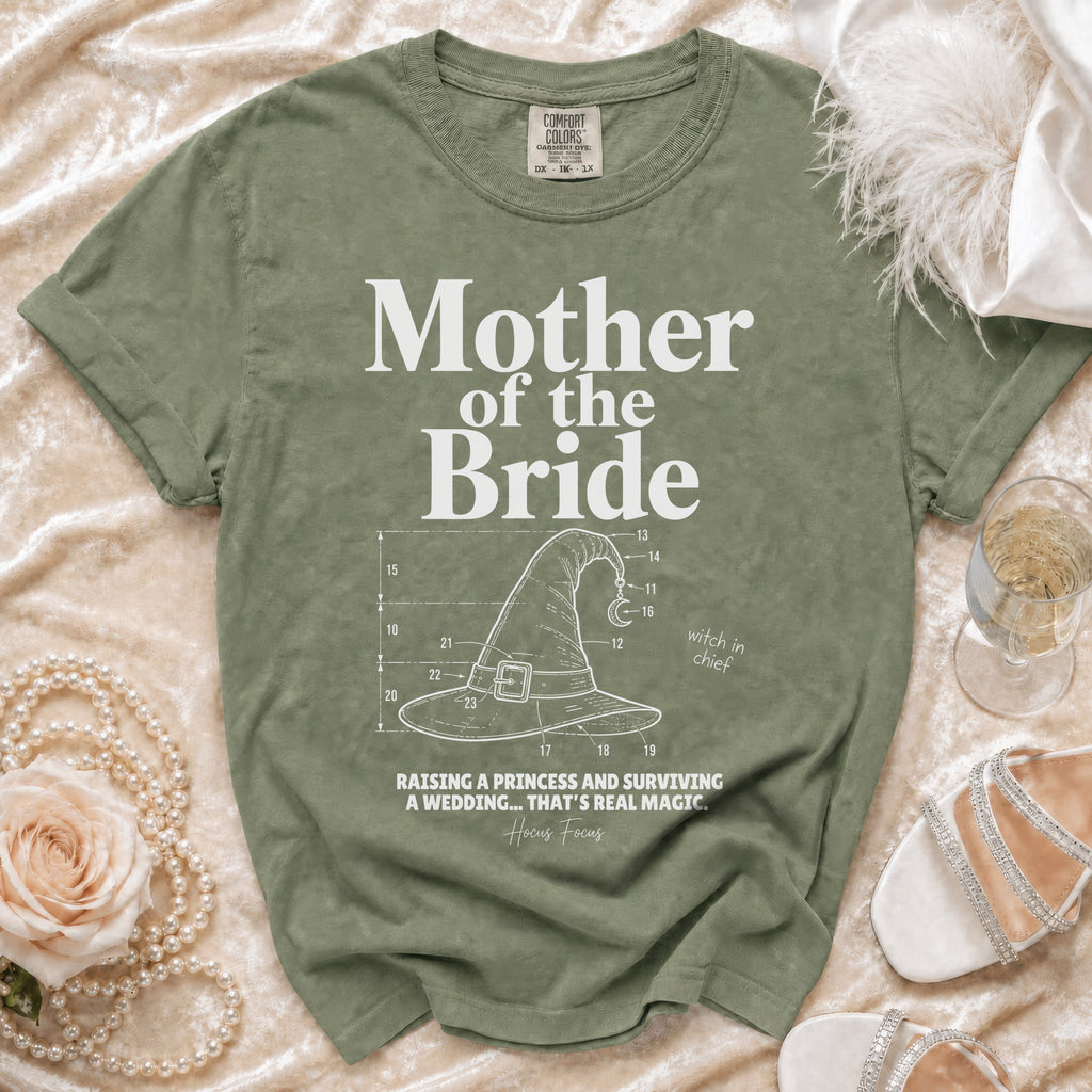 Olive green t-shirt with "Mother of the Bride witch in chief" text and witch hat graphic.