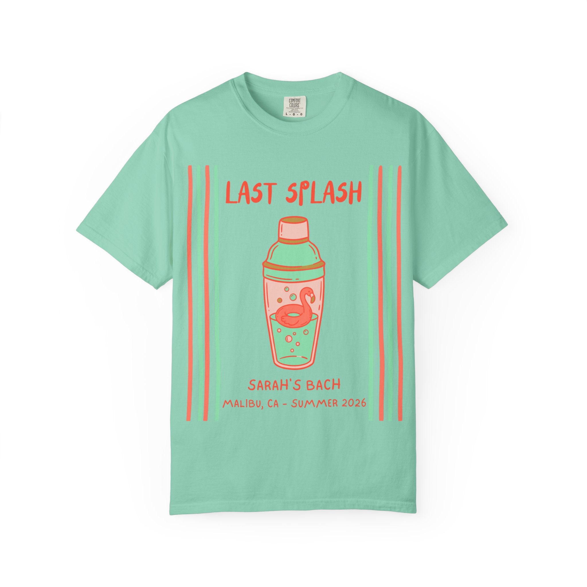 Mint green t-shirt with "Last Splash" text and shaker graphic.