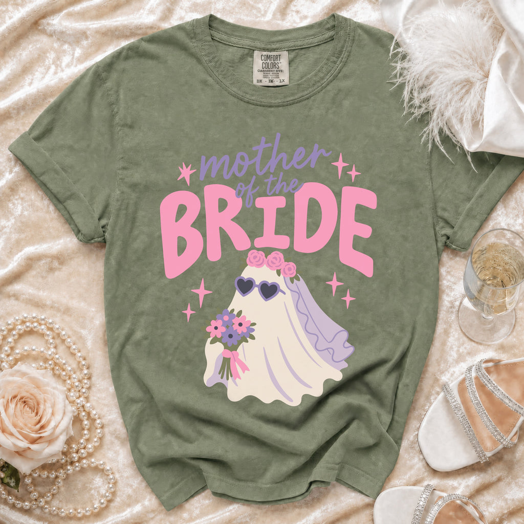 Green t-shirt with "Mother of the Bride" text and ghost graphic.