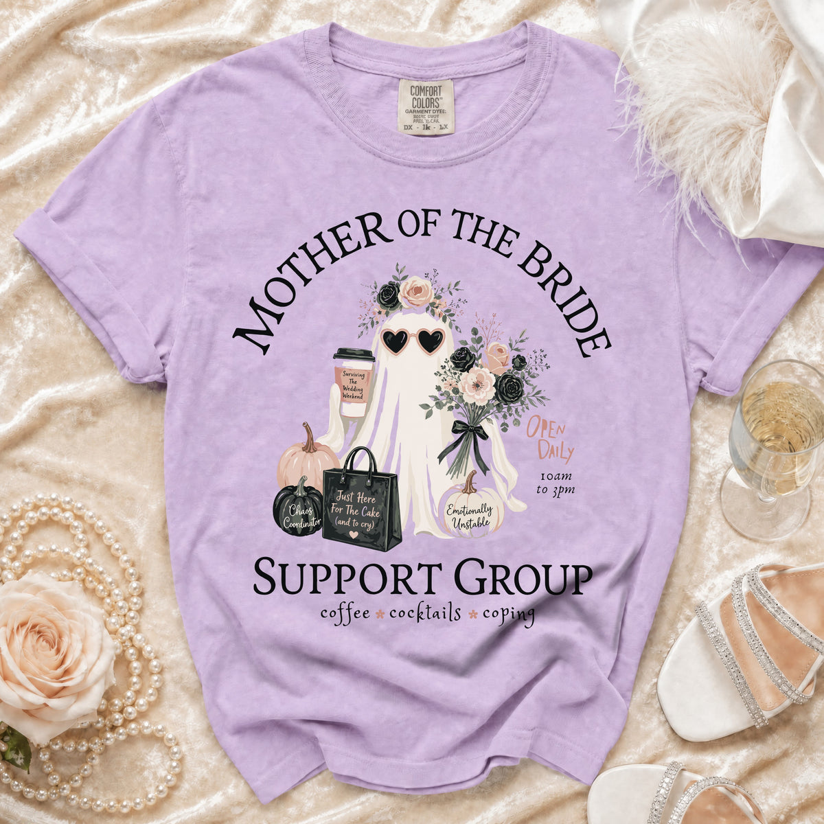 Lavender t-shirt with "Mother of the Bride Support Group" graphic featuring a ghost.