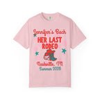 Pink t-shirt with "Jennifer's Bach HER LAST RODEO Nashville, TN Summer 2026" and cowboy boot.