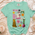 Mint t-shirt with graphic of a ghost, leopard, lily, and wedding-themed text.