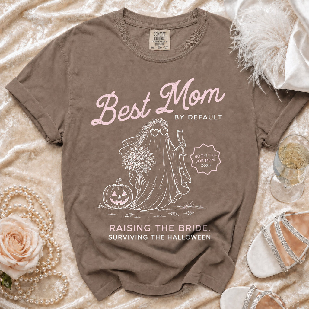 Brown t-shirt with "Best Mom by Default" and ghost bride graphic.