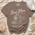 Brown t-shirt with "Best Mom by Default" and ghost bride graphic.