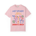 Pink t-shirt with "Last Splash Malibu Summer 2026 Sarah's Bach" and colorful graphics.
