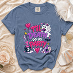 Blue t-shirt with "Til Death Do Us Party" design and a bride ghost.