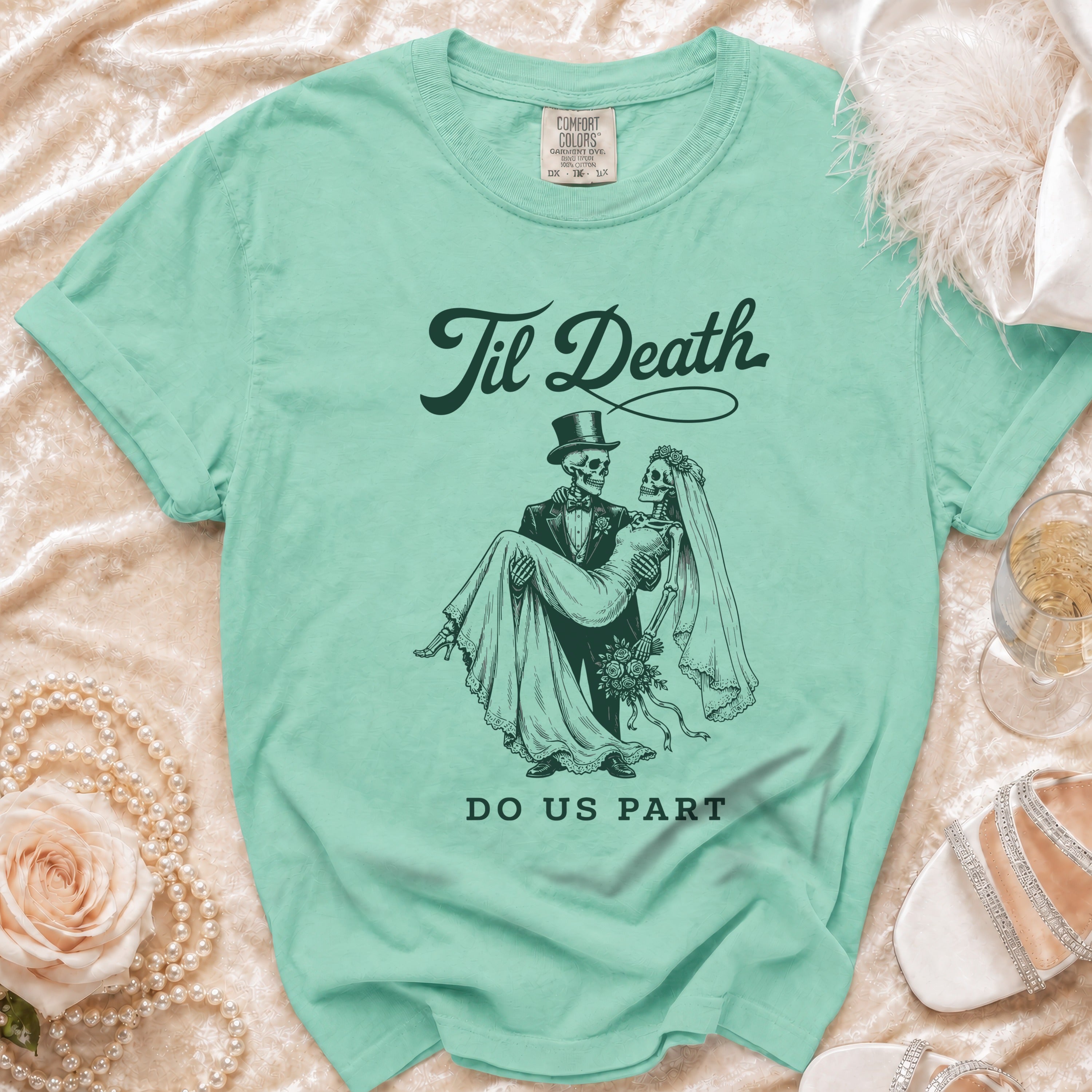 T-shirt with skeleton bride and groom graphics saying "Til Death Do Us Part."