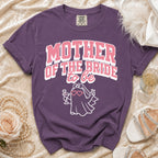 Purple t-shirt with "Mother of the Bride to be" text and ghost graphic.