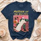 Navy t-shirt with "Mother of the Boo Crew" graphic featuring a ghost.