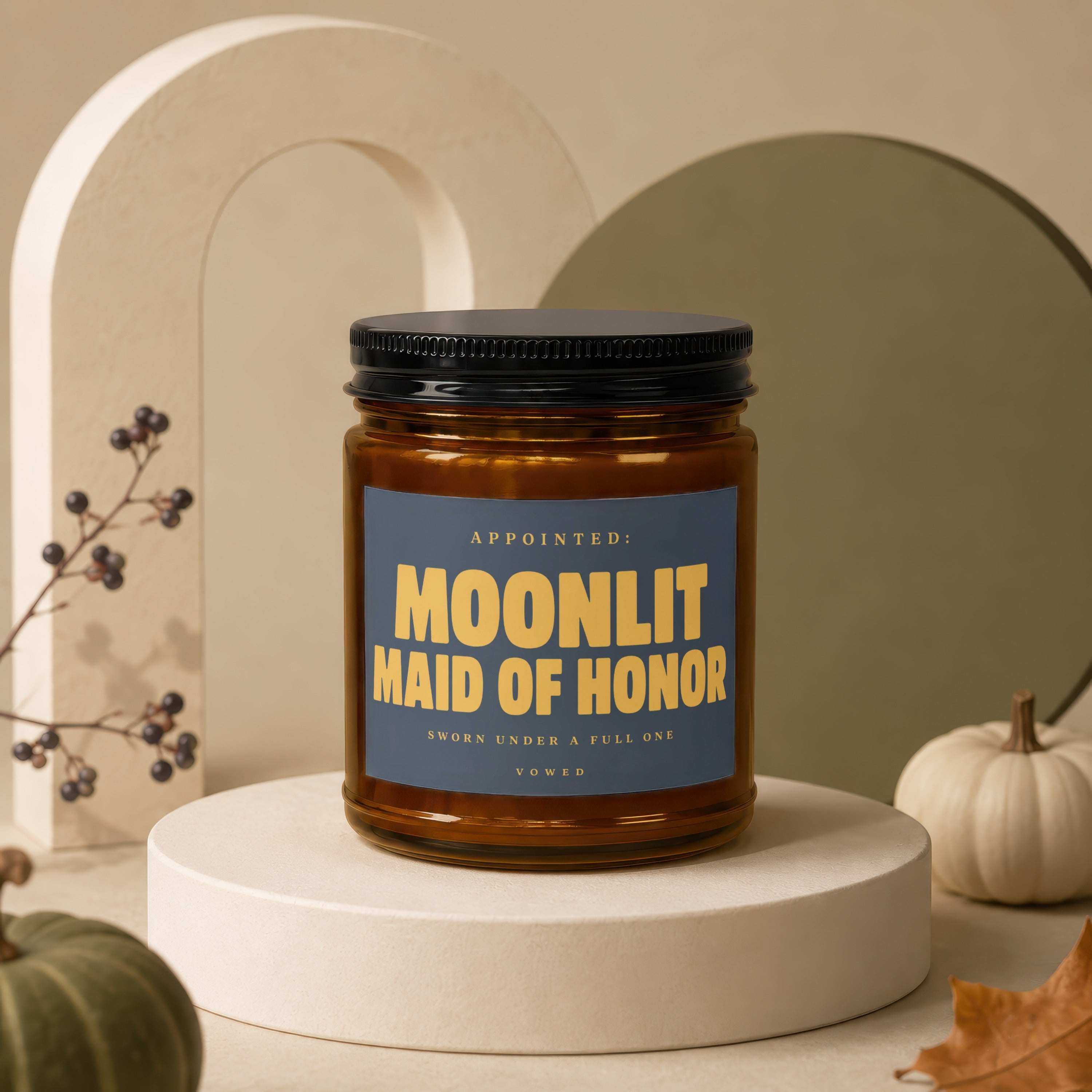Amber jar candle with "Moonlit Maid of Honor" text and decorative elements.