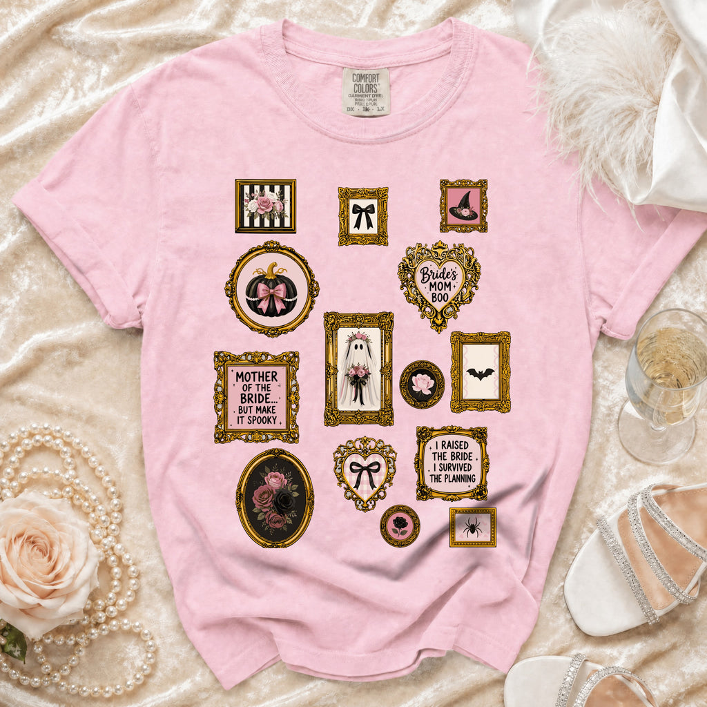 Pink t-shirt with framed spooky-themed gothic wedding graphics and text.