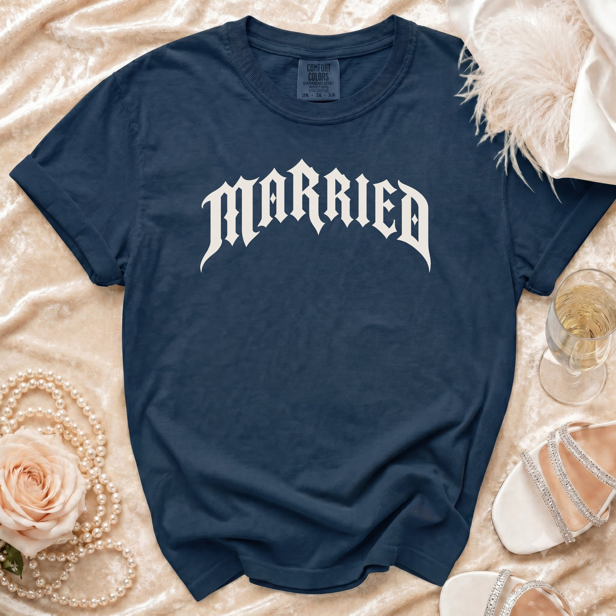 Navy Comfort Colors t-shirt with "MARRIED" text in white gothic font.