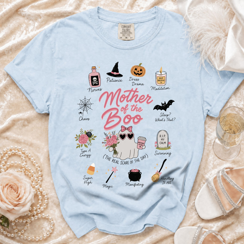 Light blue t-shirt with "Mother of the Boo" and Halloween-themed icons.