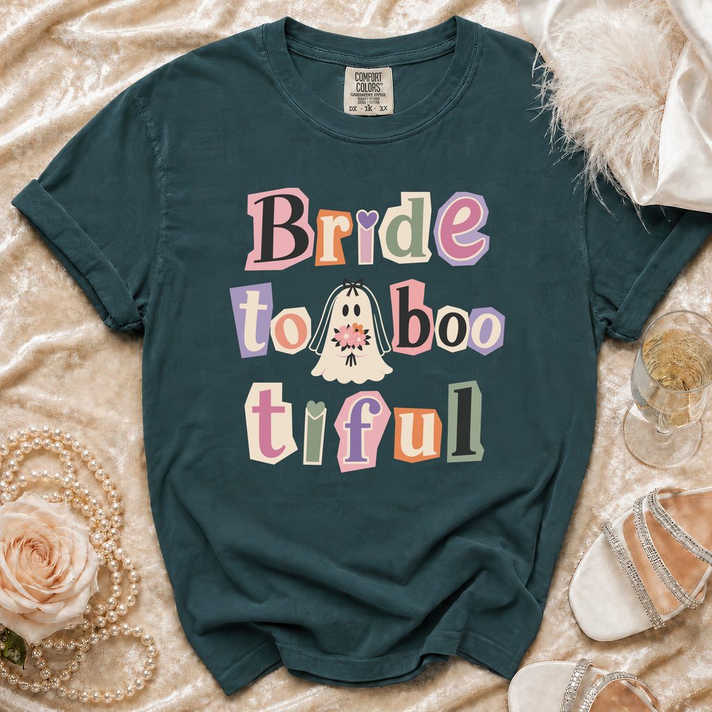 Dark green t-shirt with "Bride to boo tiful" and a ghost graphic.