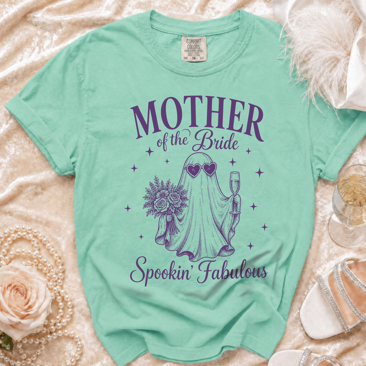 Mint green t-shirt with "Mother of the Bride Spookin' Fabulous" text and ghost graphic.