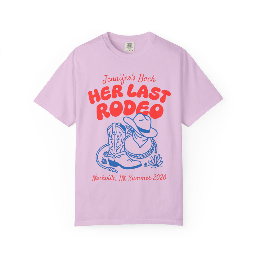 T-shirt with "Jennifer's Bach Her Last Rodeo Nashville, TN Summer 2026" and cowboy boots.