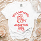 White t-shirt with "Her Last Rodeo Jennifer's Bach Nashville Summer 2026" text.