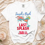White t-shirt with "Sarah's Bach Last Splash Malibu, CA Summer 2026" text and graphic.