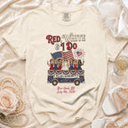 T-shirt with "Red, White & I Do Willow's Bachelorette" and bridal party on a bus.
