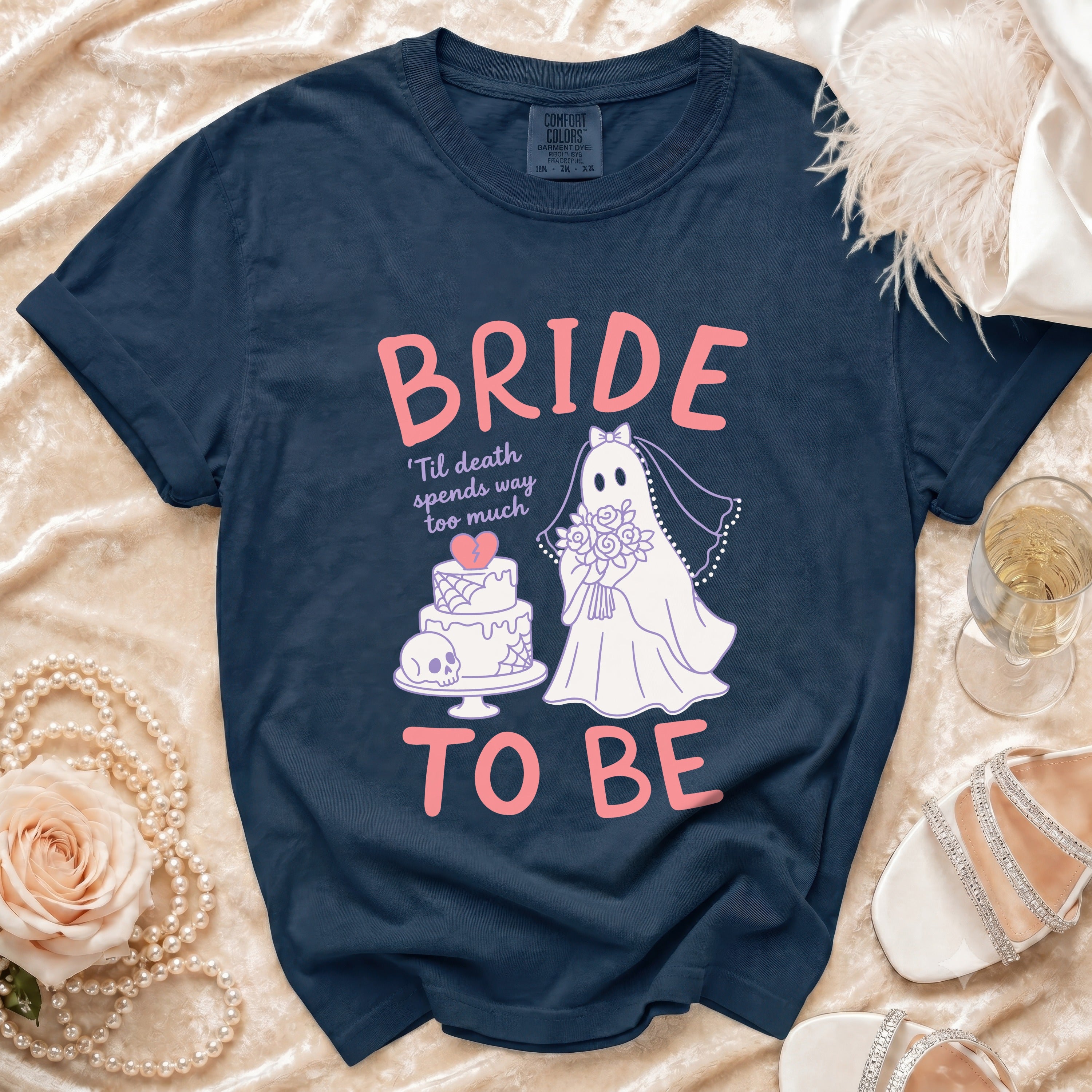 Navy t-shirt with "BRIDE TO BE" and ghost bride graphic.