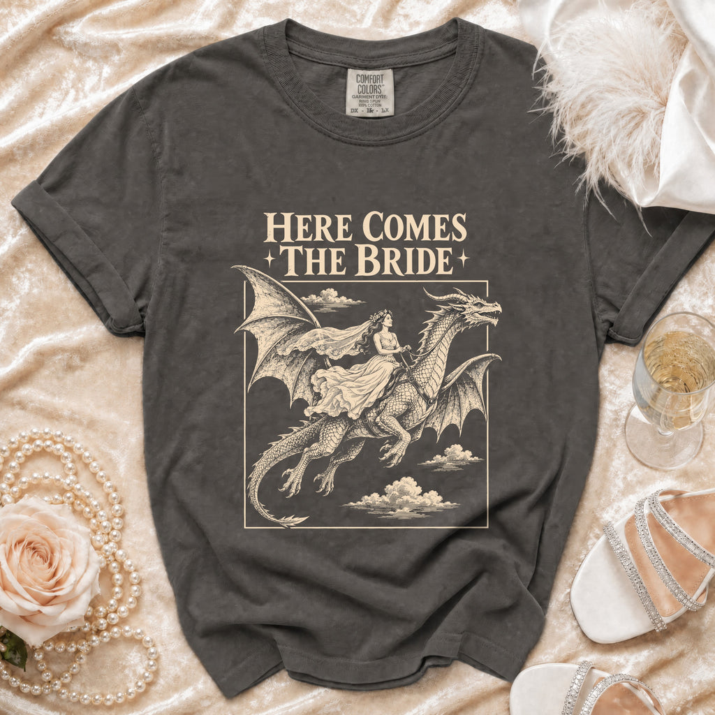 Dark grey t-shirt with "HERE COMES THE BRIDE" and dragon graphic.