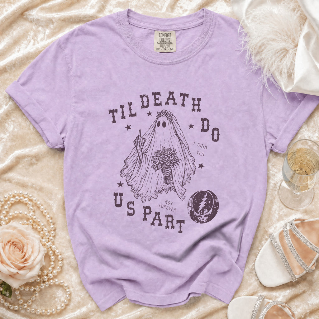 Purple Comfort Colors t-shirt with "Til Death Do Us Part" ghost bride graphic.