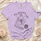 Purple Comfort Colors t-shirt with "Til Death Do Us Part" ghost bride graphic.