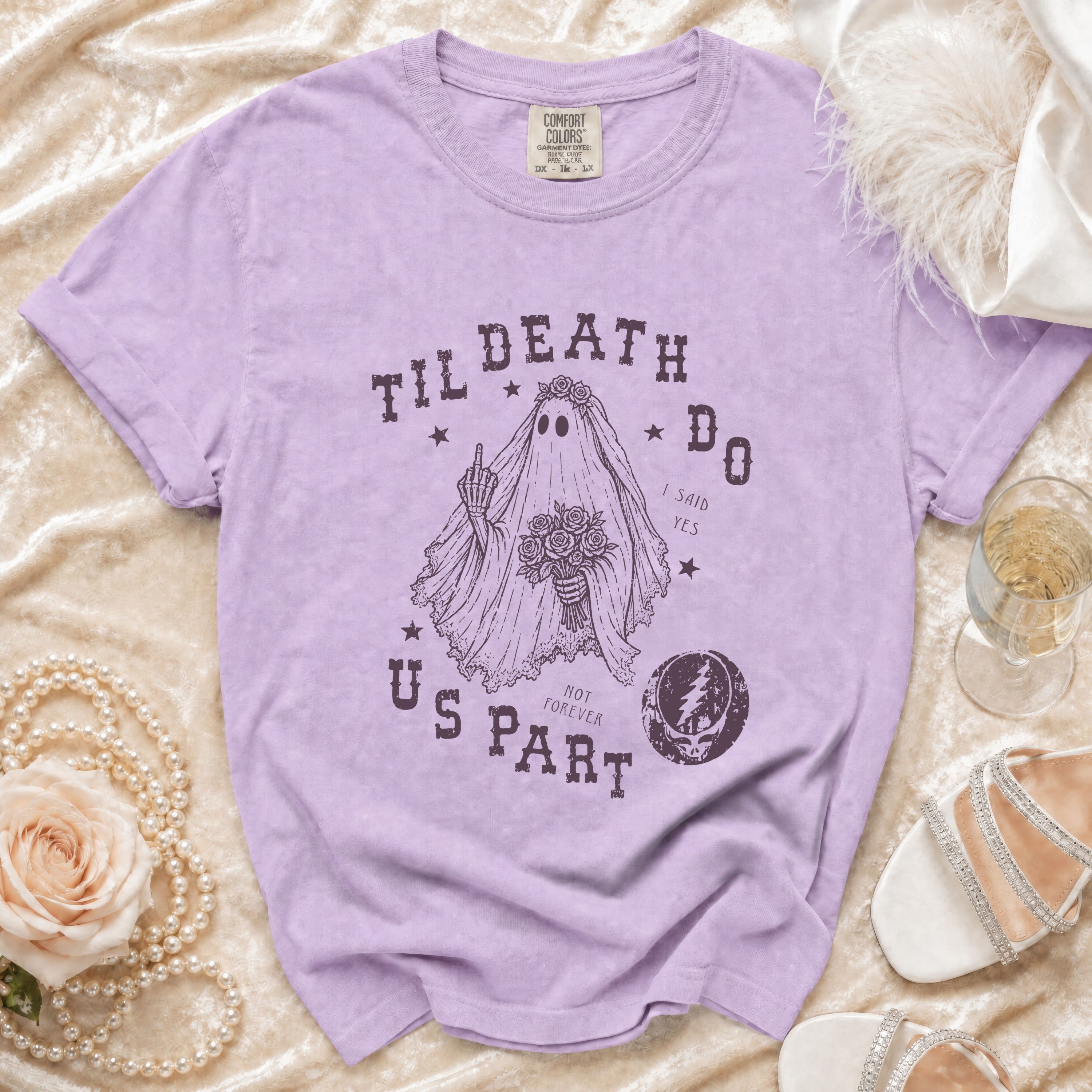 Purple Comfort Colors t-shirt with "Til Death Do Us Part" ghost bride graphic.