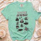 Mint green t-shirt with "BRIDE On the Loose!" graphic illustrating a humorous pre-wedding journey.