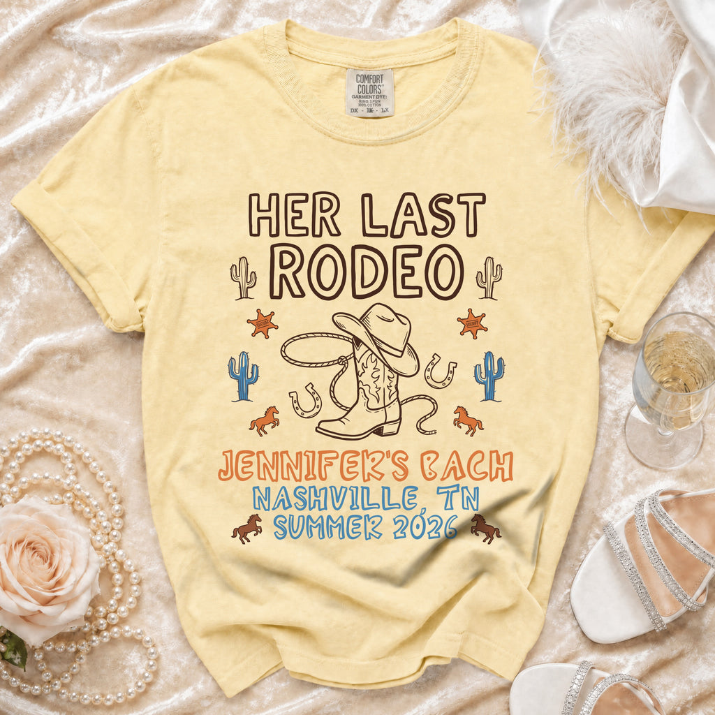 Yellow t-shirt with "Her Last Rodeo" text, cowboy boot, and Nashville bachelorette details.