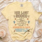 Yellow t-shirt with "Her Last Rodeo" text, cowboy boot, and Nashville bachelorette details.