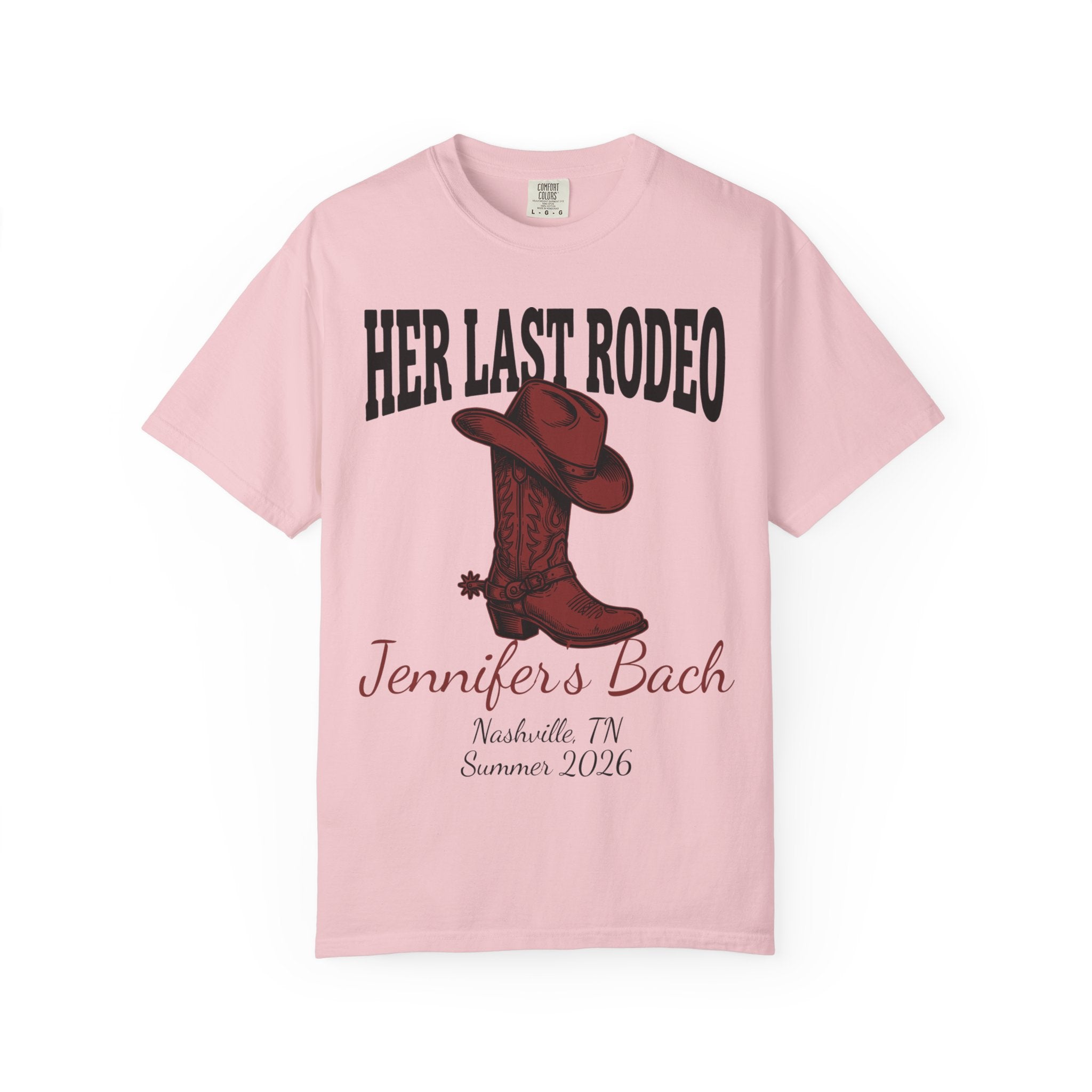 Pink t-shirt with "Her Last Rodeo" text and cowboy boot graphic.