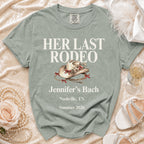 T-shirt with "HER LAST RODEO" and bachelorette party details for Jennifer's Bach.