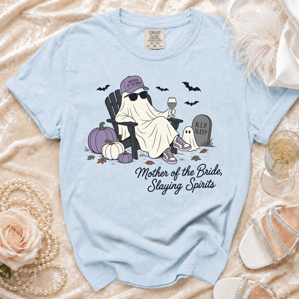 Ghost wearing sunglasses and a "Mother of the Bride" hat, holding wine.