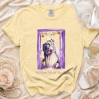 Yellow t-shirt with skeleton bride and groom graphic and text "'Til Death Do Us Part-Time".