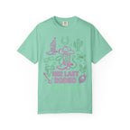 Mint green t-shirt with "Her Last Rodeo" text and western graphic elements.