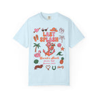 Light blue t-shirt with "Last Splash Sarah's Bach Malibu CA Summer 2026" graphic.