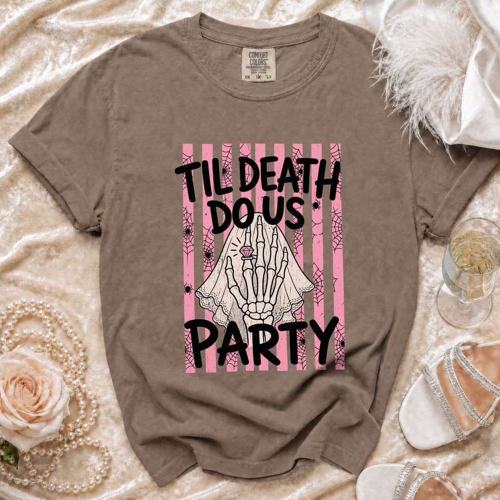 T-shirt with skeleton hand, ring, and text "Til Death Do Us Party".