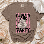 T-shirt with skeleton hand, ring, and text "Til Death Do Us Party".