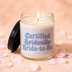 Candle with text "Certified Bridezilla Bride-to-Be" on light lavender label.