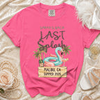 Pink t-shirt with "Sarah's Bach Last Splash" and Malibu CA Summer 2026.