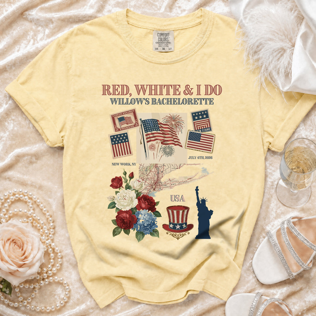Red, White & I Do Willow's Bachelorette t-shirt with USA graphic.