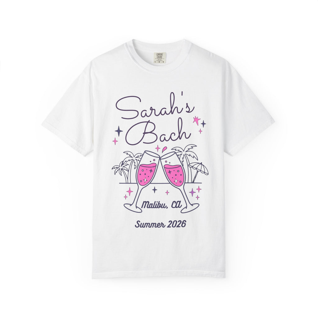 Sarah's Bach, Malibu, CA, Summer 2026, celebratory toast graphic on white t-shirt.